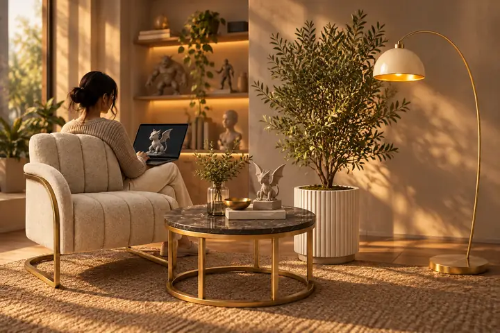 Gemütliche Innenszene mit einem Sessel, einem Couchtisch, einer Pflanze und einer Stehlampe