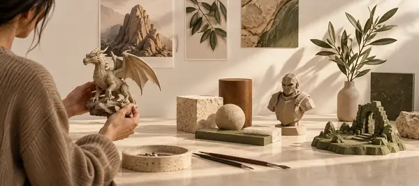 Materialpalette in warmen Neutraltönen und Olivgrün